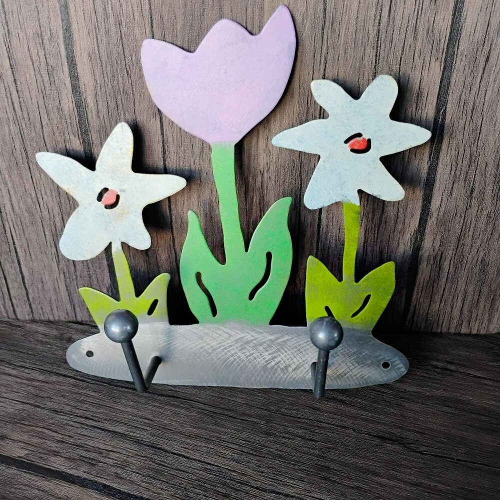Vintage Hand Crafted Metal Floral Wall Hook, Two Pegs Flower Cottagecore Decor